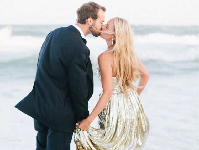 Beach Wedding with a Gold Wedding Dress